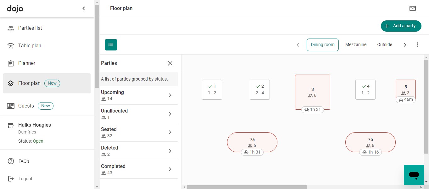 Dojo Bookings RMS showing the Floorplan